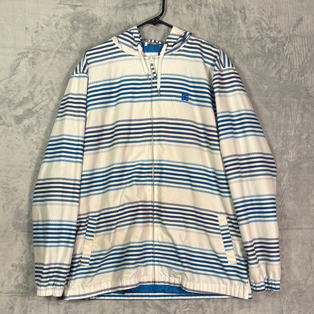 DC Apparel Division White Blue Striped Hooded Full Zip Jacket Size Large